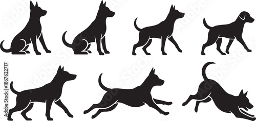 Vector silhouette icon set of dog action poses including sitting standing walking running and playing canine motion pet animal illustration