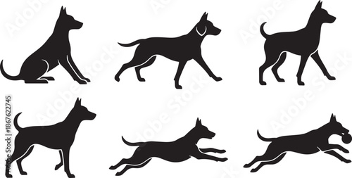 Vector silhouette icon set of dog action poses including sitting standing walking running and playing canine motion pet animal illustration
