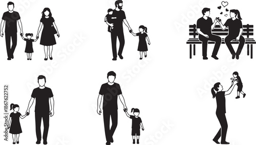 Vector silhouette icon set of family daily activity poses showing walking together sitting talking holding hands and playing with child parent and kids illustration