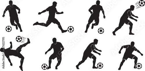 Vector silhouette icon set of football soccer player action poses showing kicking ball running dribbling passing and shooting goal scoring motion illustration