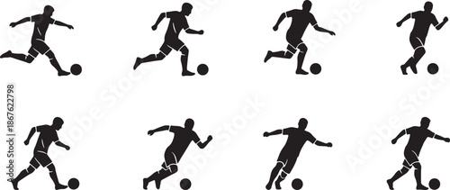 Vector silhouette icon set of football soccer player action poses showing kicking ball running dribbling passing and shooting goal scoring motion illustration
