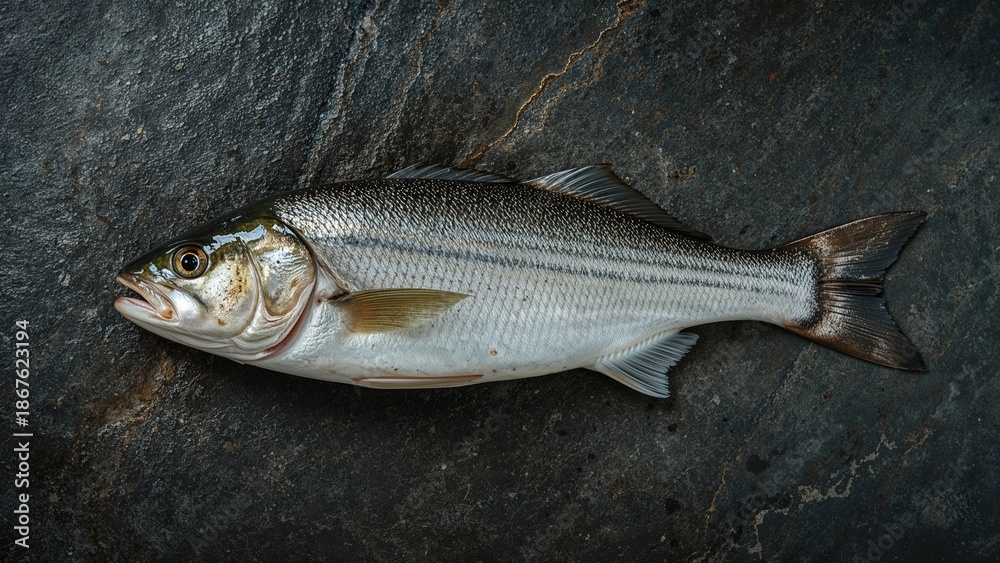 Obraz premium Fish lying on a dark rock surface.