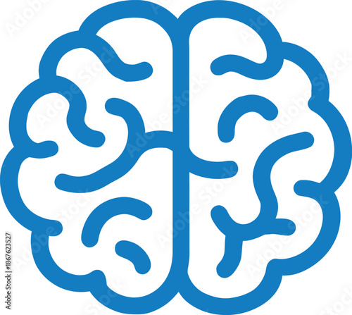 A simple blue line drawing of a human brain on a beige background