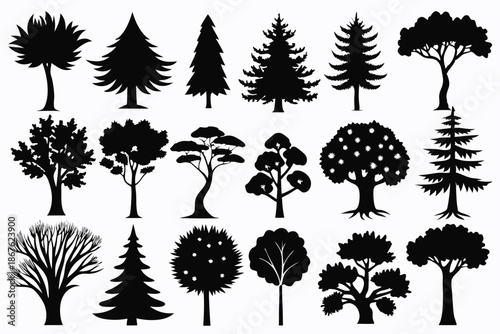 Collection of 20 diverse tree head silhouettes, a graphic black and white compilation representing various forest types and natural forms.