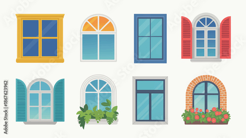 Various colorful windows with shutters and plants on white background