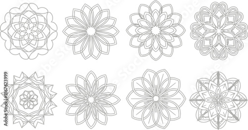 Eight delicate floral mandala designs arranged in a grid pattern