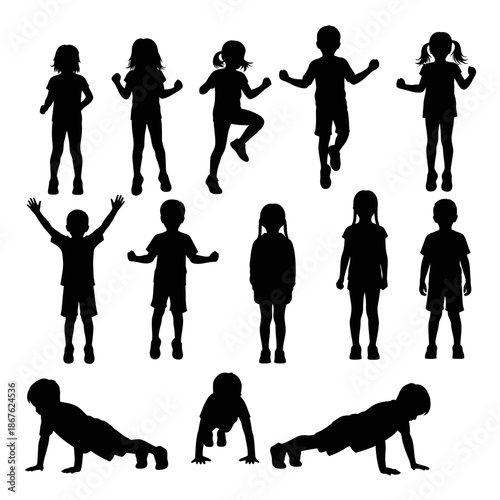 Silhouette collection of children playfully engaging in various activities and poses