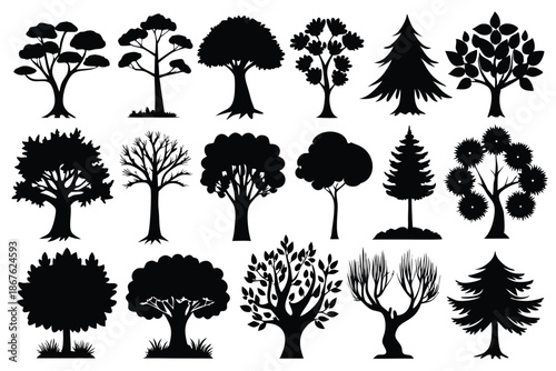 Variety of tree silhouettes in monochrome, showcasing different species for natural themes and design elements.