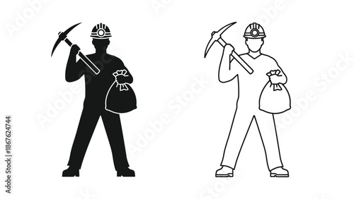 Silhouettes of miners with pickaxes and bags shown in contrasting styles