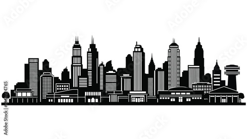 A striking black and white silhouette of a dense urban cityscape skyline