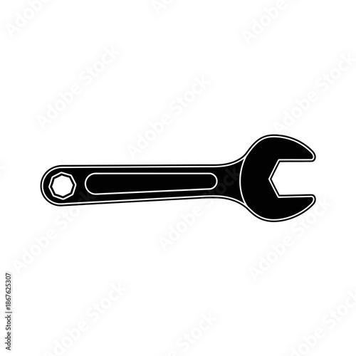 A simple black and white illustration of a standard open end wrench tool