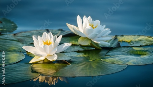 Two Serene White Lotus Flowers Bloom Atop Green Lily Pads In Tranquil Water