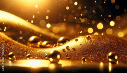 Golden Liquid With Shimmering Spheres And Blurred Bokeh Lights