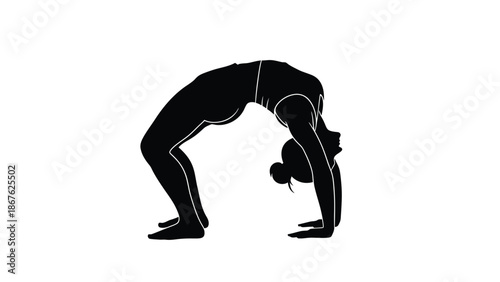 Silhouette of a person performing a backbend yoga pose on a white background