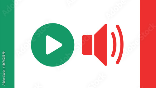 Italian flag with a play button and speaker icon overlayed