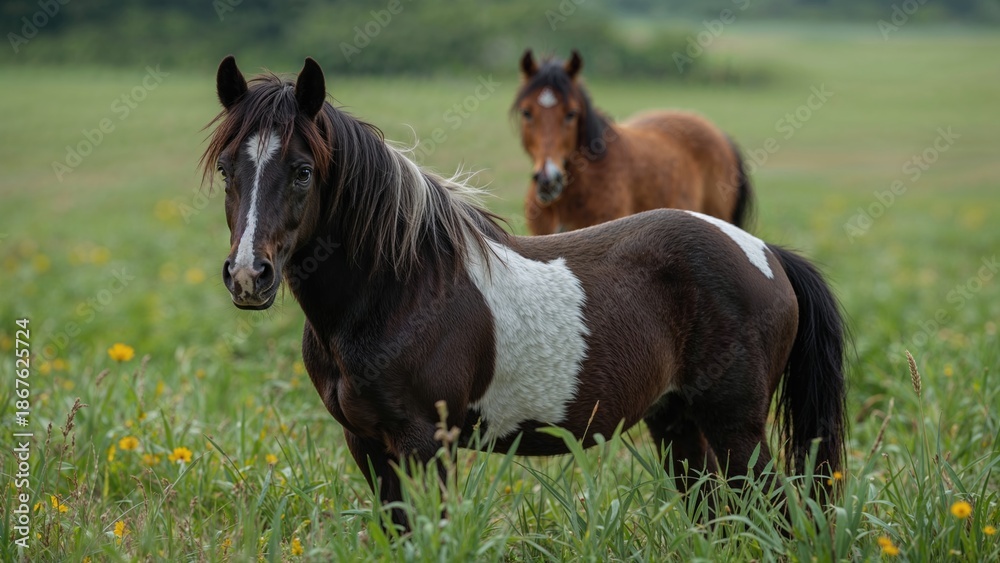 Obraz premium Two horses grazing on a green field with yellow flowers and a blurred background.