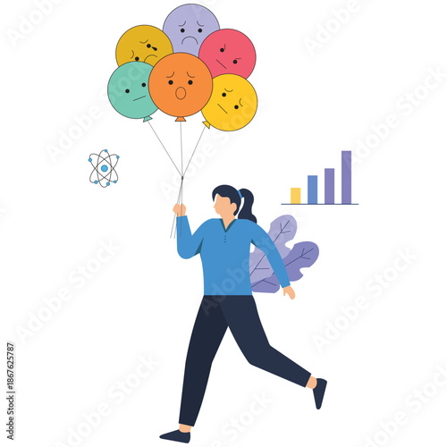 Flat vector style illustration of businesswoman holding balloons with different facial expressions symbolizing emotional diversity mood swings and mental health awareness stock illustration