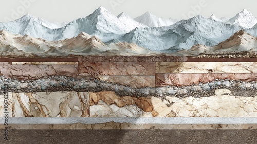 Detailed geological cross-section revealing diverse strata in a mountainous setting