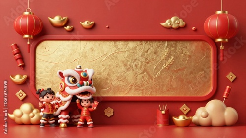 Chinese New Year red and gold background with lion dance characters and empty golden banner