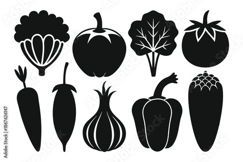 Graphic set featuring 8 black and white vegetable silhouettes on a white background, minimal style