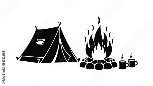 A simple black and white illustration of a tent campfire and mugs