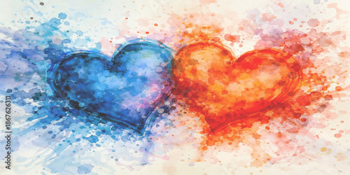 Abstract watercolor heart on a grunge paper texture background with a vibrant orange, yellow, and red fire and sky color pattern