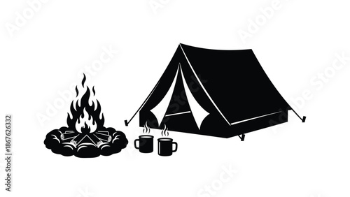 A cozy camping scene featuring a tent campfire and two mugs