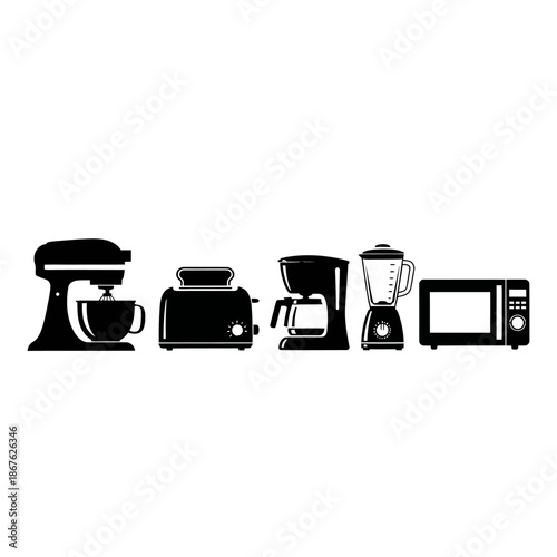 A collection of black silhouette kitchen appliances arranged in a horizontal line