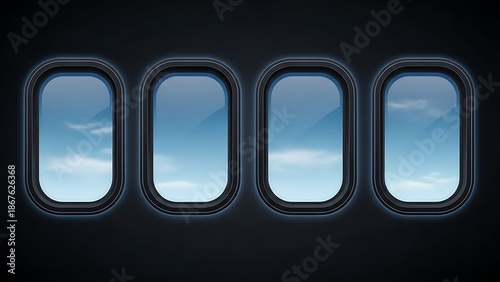 Airplane windows with a view of the sky and clouds, ideal for travel and aviation themes