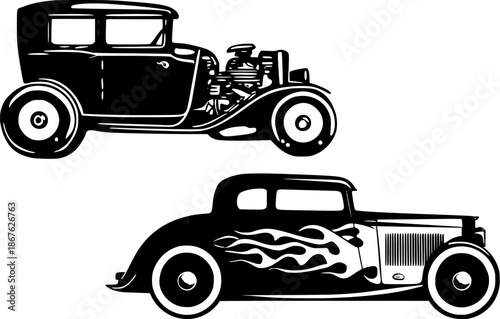 Set of classic hot rod coupe cars with exaggerated wheels, bold outlines, exposed engines and streamlined vintage profiles