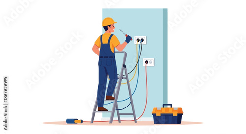 Electrician on a ladder repairing wall sockets with tools and safety gear