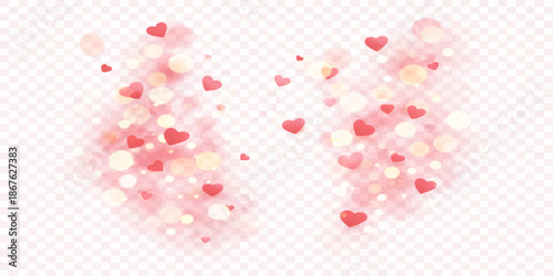 Sweet pink heart-shaped candy and pills scattered like confetti on a white background for a love and Valentine's celebration