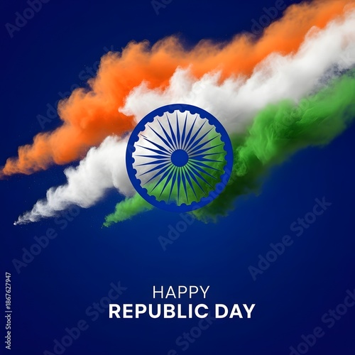 Happy Republic Day with Indian flag colors and Ashoka Chakra emblem isolated on blue background