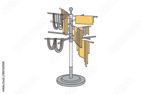 Fresh Homemade Pasta Hanging on a Vertical Drying Rack Illustration