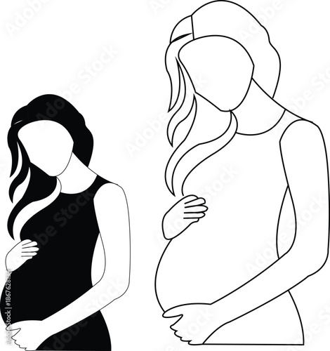 Pregnant women silhouettes black and white line art