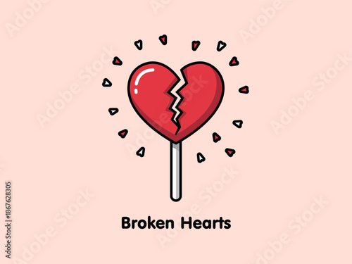 Broken Hearts. Vector minimalist broken lollipop in heart shape, flat design, ironic Valentine’s icon. Symbol of lost love, heartbreak, rejection, ending relationships in modern flat style