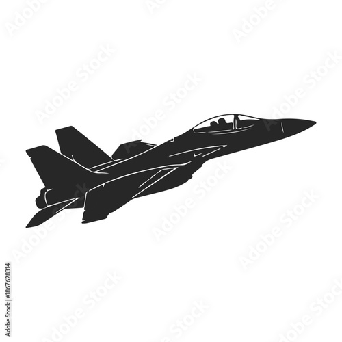 Military jet fighter aircraft silhouette vector illustration. Modern supersonic navy airplane flying isolated on white background. Tactical air force interceptor icon for design.