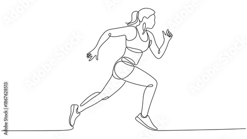 Minimalist continuous line art of a dynamic female runner in motion