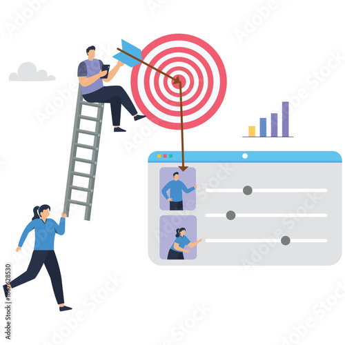 Flat vector style illustration of human resource manager aiming arrows from candidate profiles toward target board to represent job interview selection and recruitment focus stock illustration