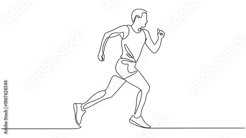 A continuous line art drawing capturing the dynamic motion of a man running or jogging