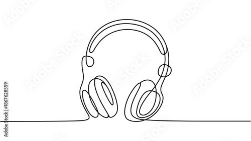 Continuous line drawing of modern headphones for music listening and audio experience
