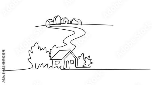 A continuous line art drawing of a house with a winding path leading to a village on a hill