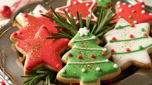 Festive Christmas Cookies Decorated with Icing and Sprinkles.