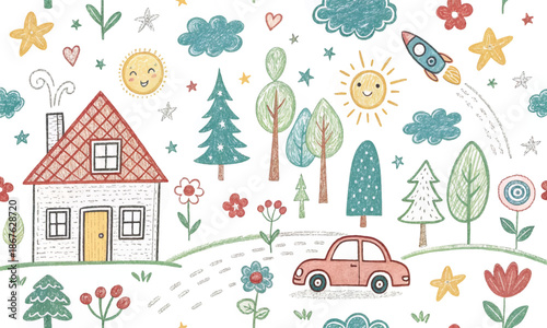 Whimsical hand-drawn doodle seamless pattern with house, rainbow, rocket, flowers, clouds, sun, trees, stars, and car. Cute colorful kids sketch background for fabric, wallpaper, or stationery.