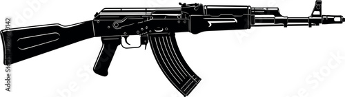 Black and White Silhouette Vector Illustration of a Classic AK-47 Assault Rifle Isolated on a Plain White Background for Design