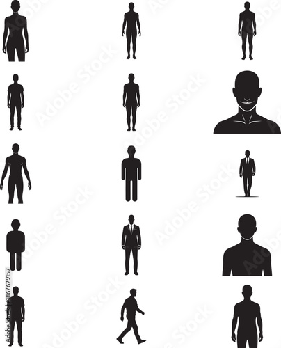 Vector  illustration of Collection of human body silhouettes and busts, black figures, isolated on transparent background