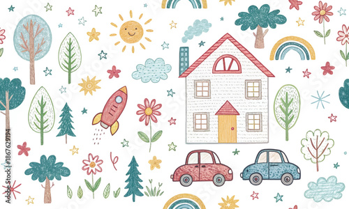 Whimsical hand-drawn doodle seamless pattern with house, rainbow, rocket, flowers, clouds, sun, trees, stars, and car. Cute colorful kids sketch background for fabric, wallpaper, or stationery.