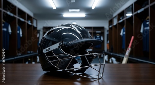 Cricket helmet on a table in a locker room