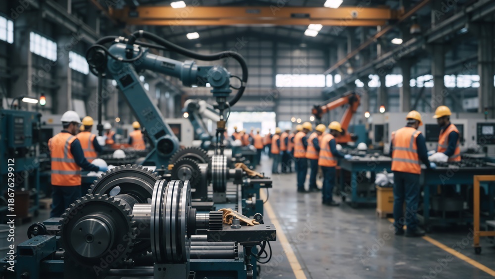 Fototapeta premium Industrial manufacturing facility with robotic arms and workers. Automated production line in a modern factory. Industry 4.0 and smart manufacturing concept
