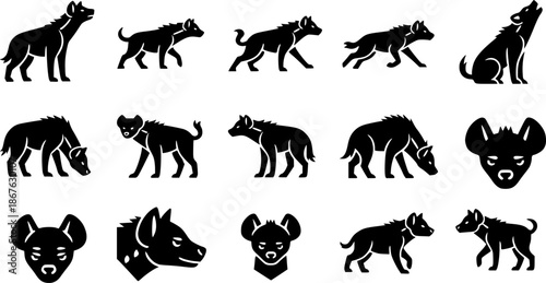 Collection of diverse hyena poses and portraits in silhouette